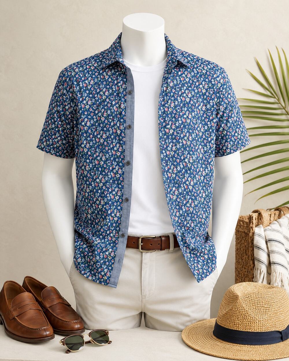 Blue Buoy Print Button Front Shirt Mens Coastal Beach Casual Medium